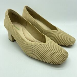 Burudani Womens Beige Ribbed‎ Knit Block Heel Pumps Square Toe Size 9 Tan Shoes